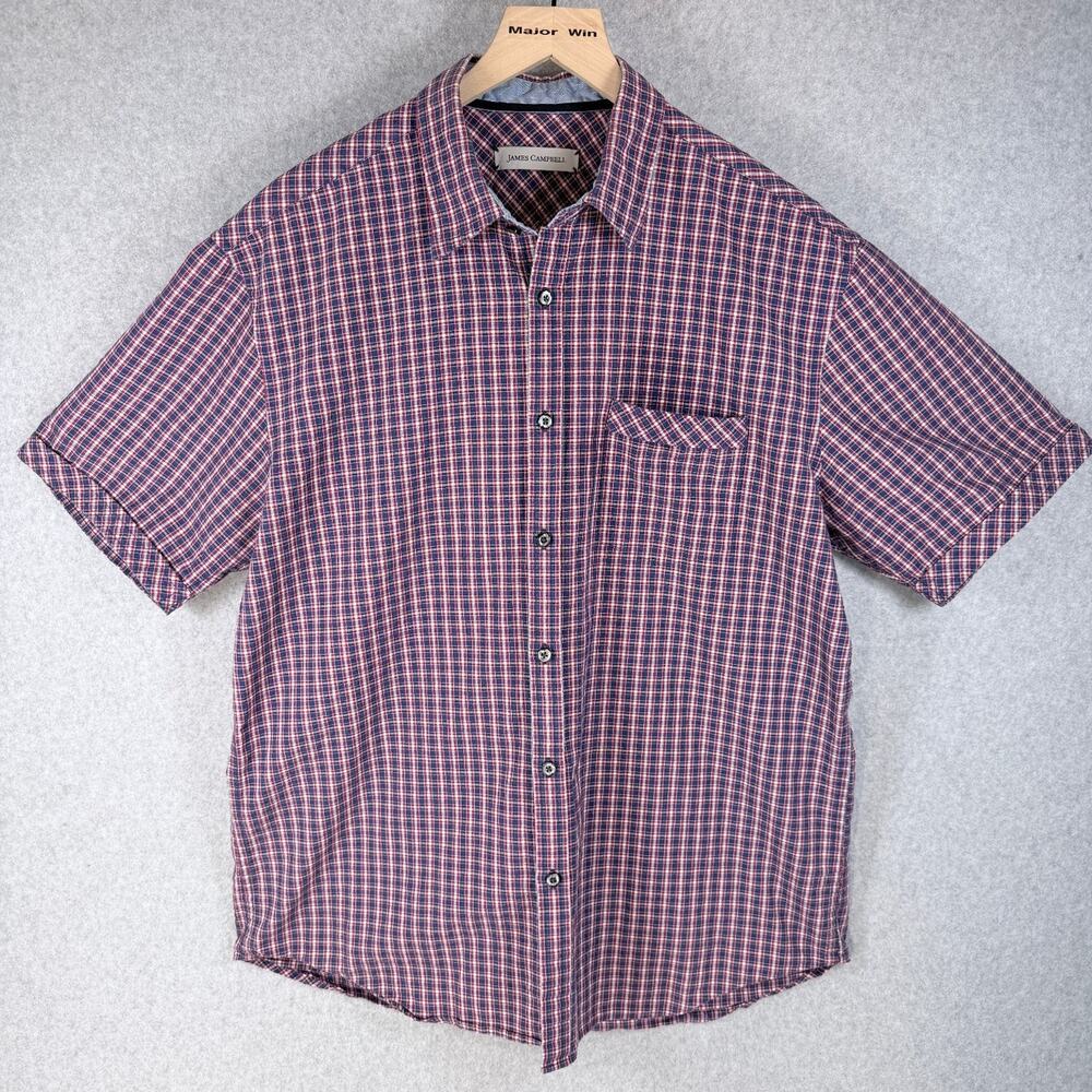 James Campbell Mens Casual Button Up Shirt Red Blue Check L Pocket Short Sleeve